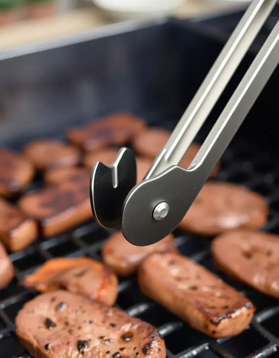 Stainless steel locking kitchen tongs ready for grilling