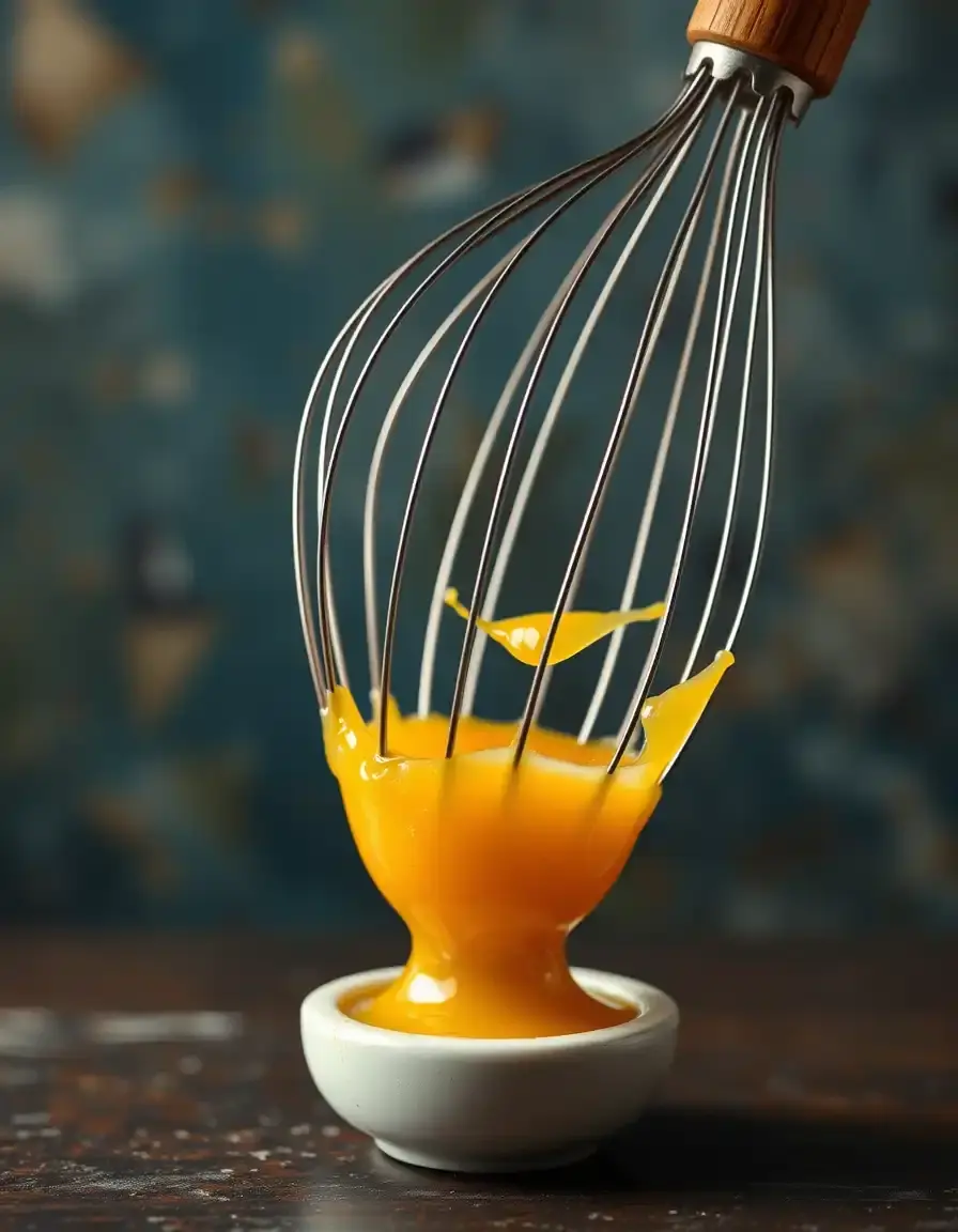 Wire balloon whisk beating eggs in a glass bowl