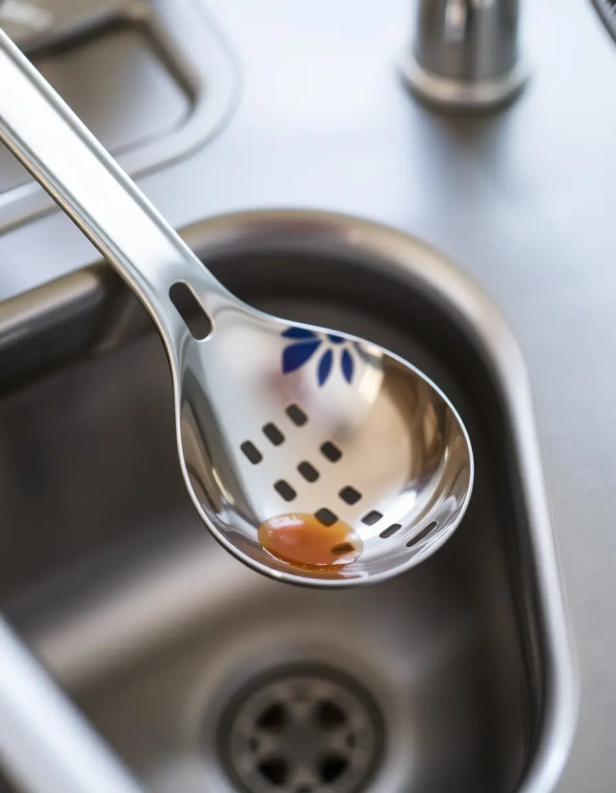 Stainless steel slotted spoon draining pasta