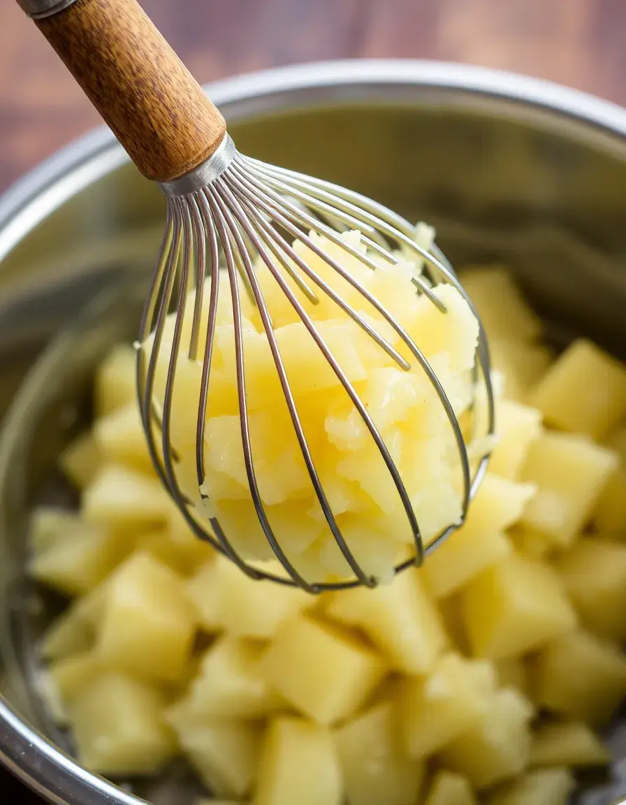 Wire potato masher in a bowl of boiled potatoes