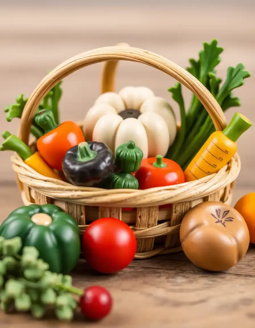 Wooden play food basket with veggies and fruits