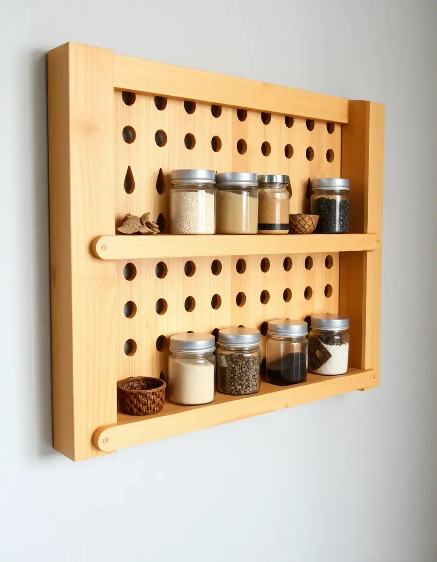 Mounted wooden spice rack wall