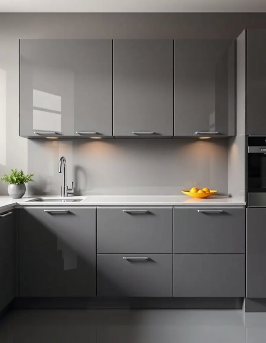 Gray Glossy Wall Cabinets reflective finish