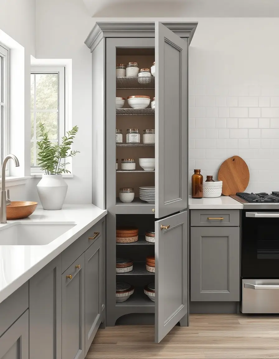 Tall Gray Pantry Cabinet with roll out shelves