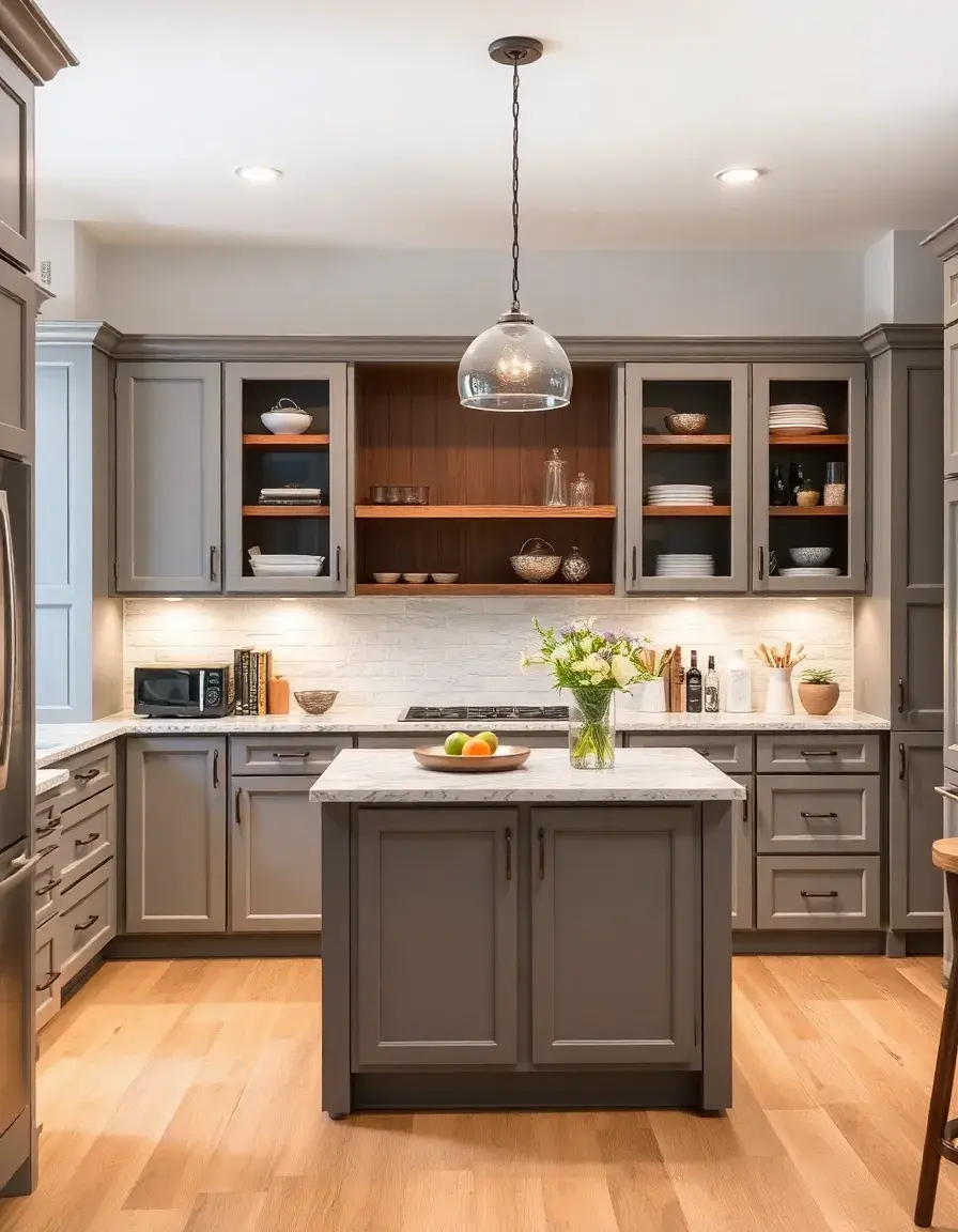Gray Island Cabinets with open shelving