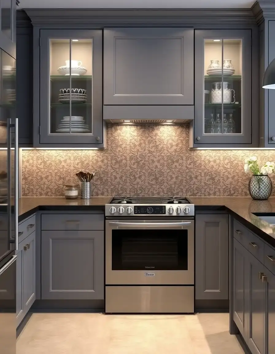 Gray Accent Cabinets with glass doors