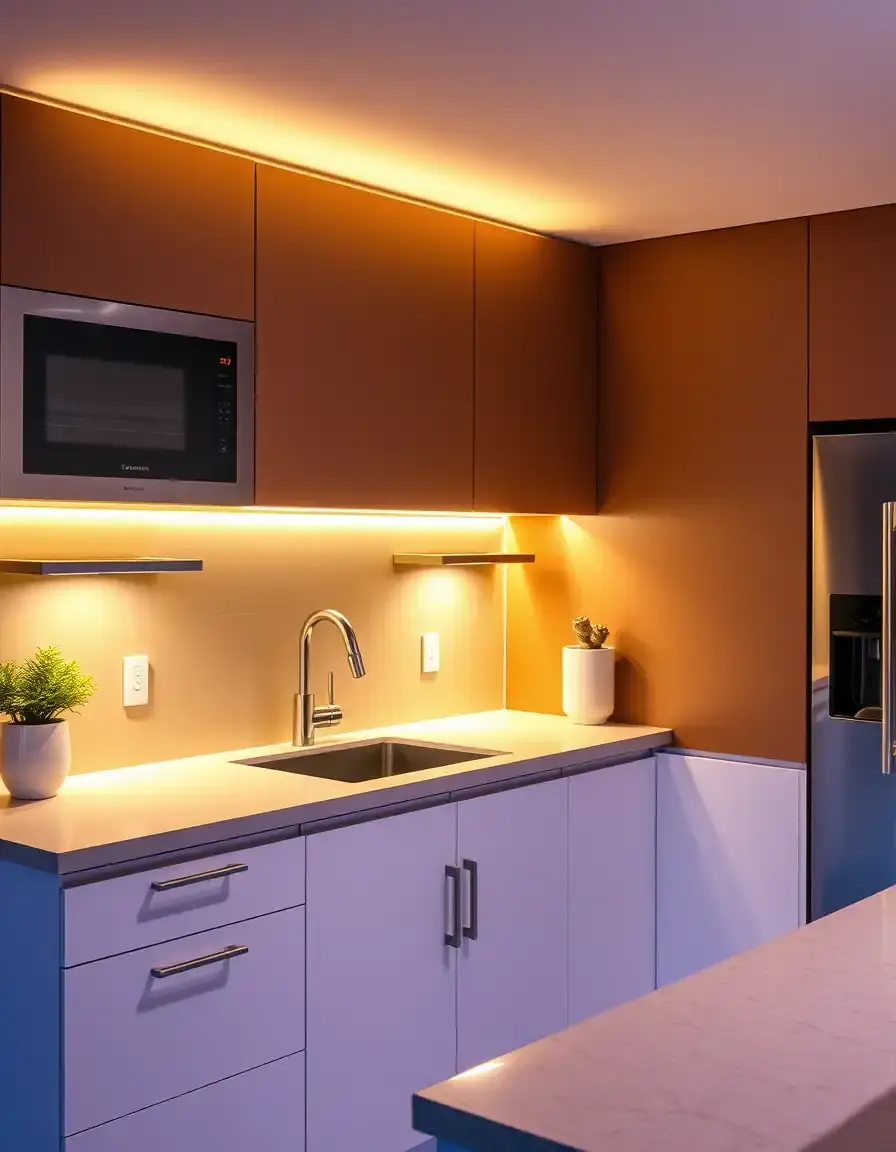 Warm white LED under cabinet kitchen lights on a modern countertop