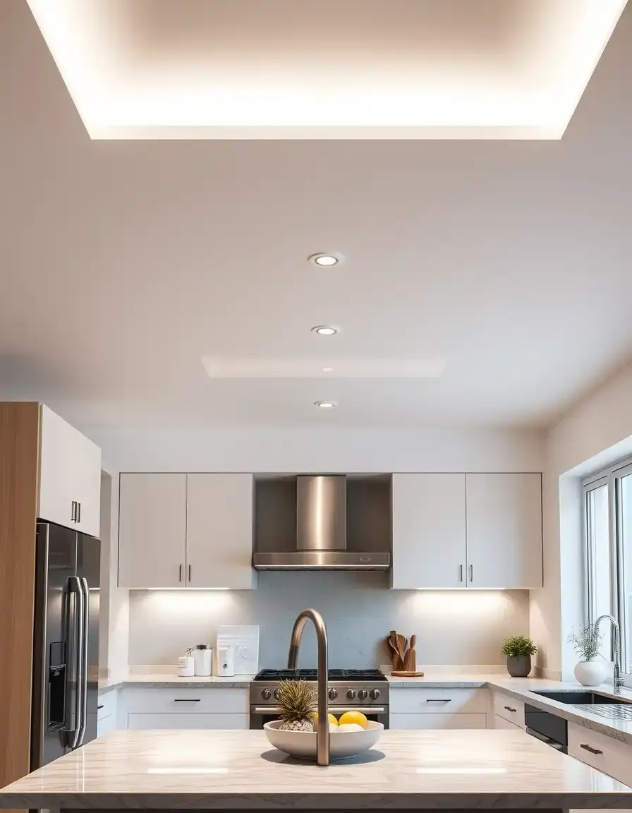 Bright recessed ceiling kitchen lights in a spacious modern kitchen