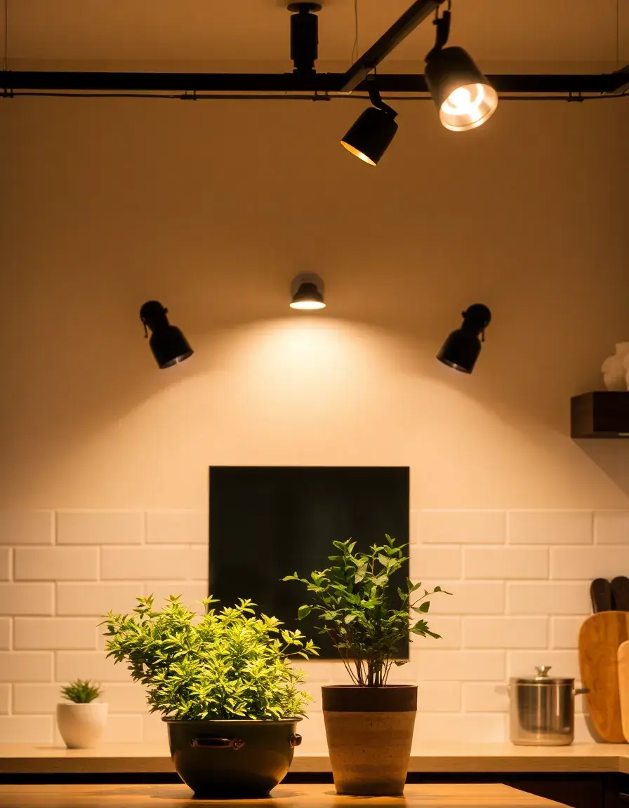 Adjustable track lighting for kitchen highlighting pots and pans