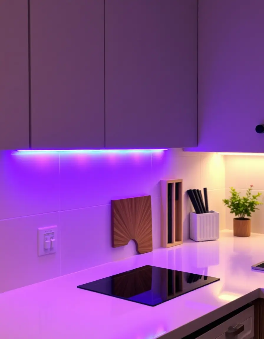 RGB motion sensor kitchen light strip under shelves with colorful glow