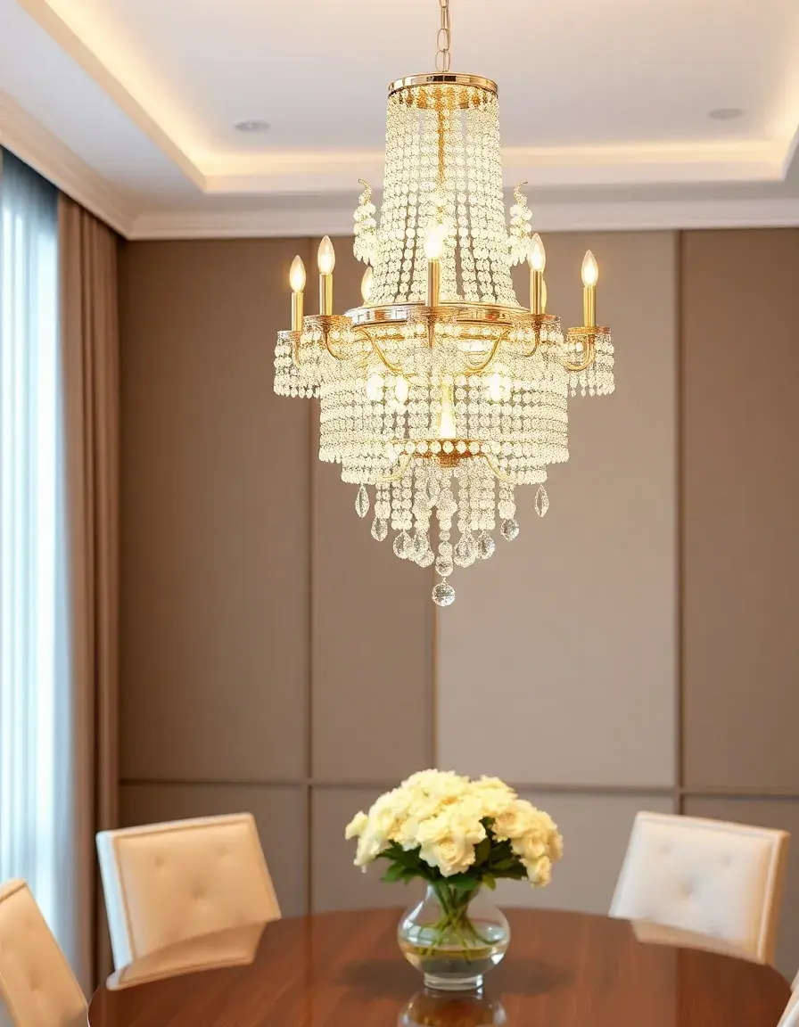 Elegant crystal chandelier over a kitchen dining table
