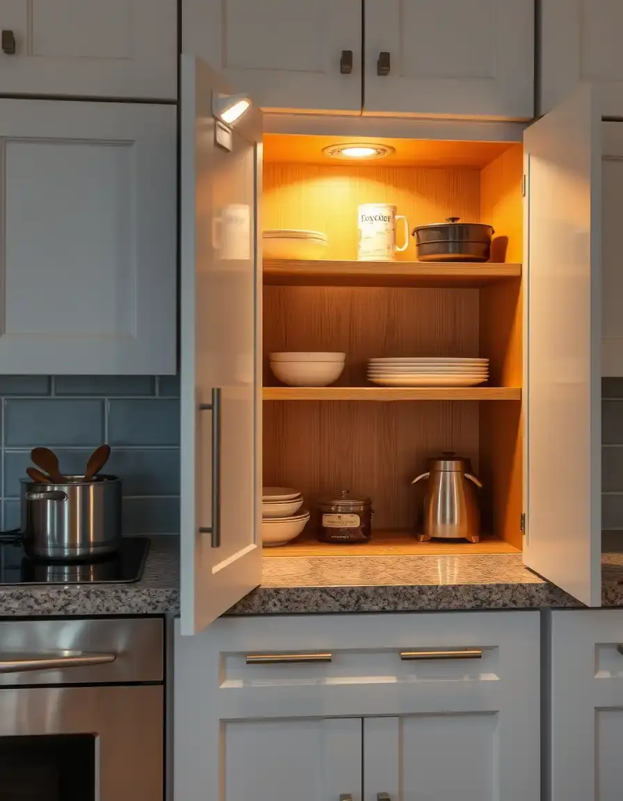 Battery operated cabinet door kitchen lights inside an open cabinet