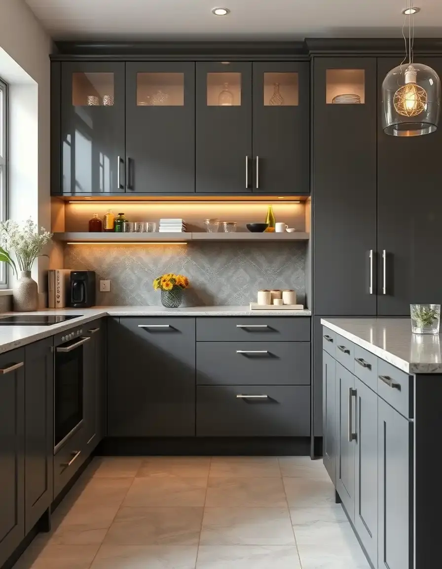 Slate grey high gloss contemporary kitchen cabinets