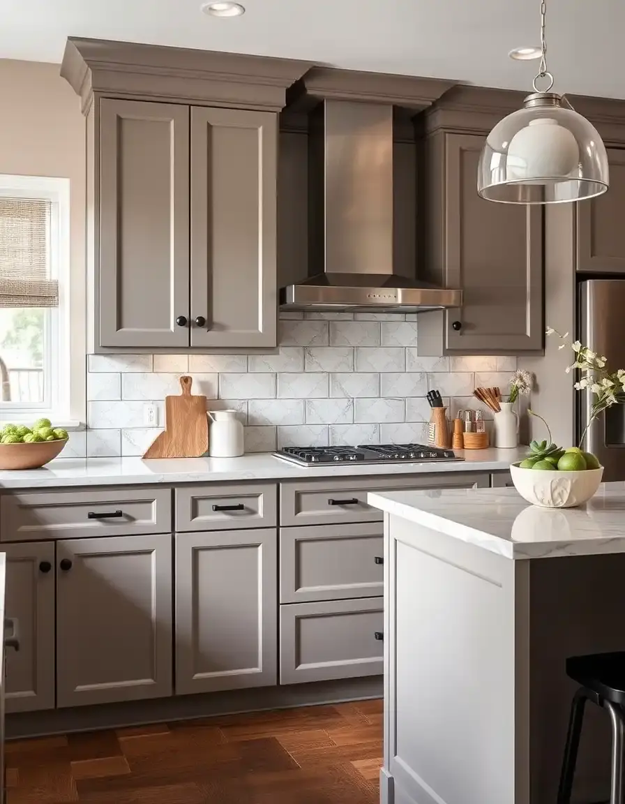 Taupe grey accent kitchen cabinets