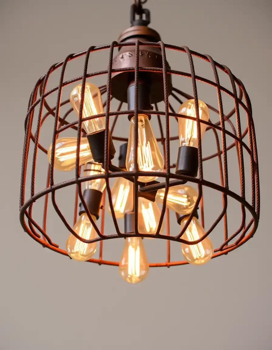 Industrial cage light fixture with vintage bulbs