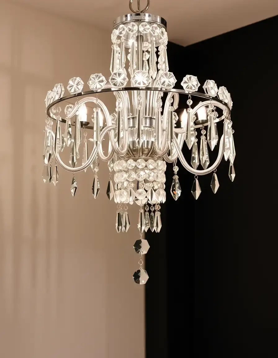 Elegant crystal chandelier over a kitchen island