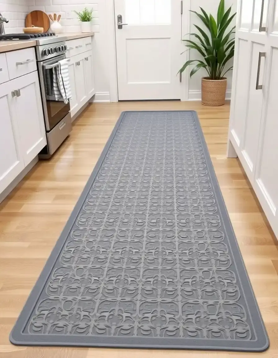 Non-Slip Rubber Kitchen Runner Mat in gray with patterned design