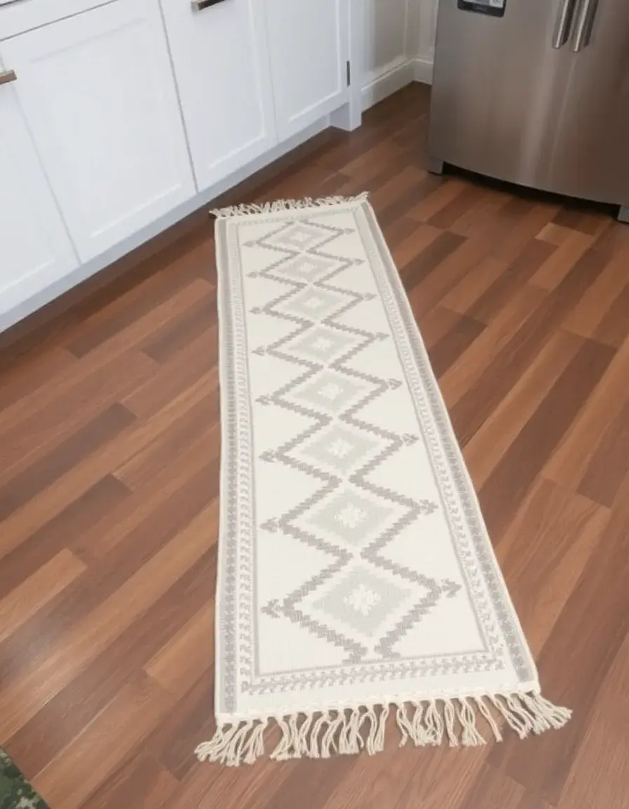 Woven Cotton Kitchen Runner Rug with geometric patterns and fringe