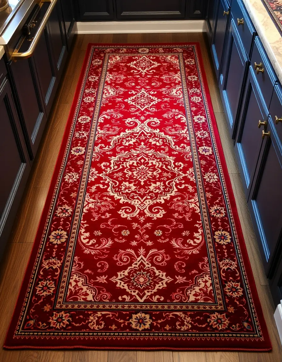 Ornate Persian style kitchen runner carpet in red tones