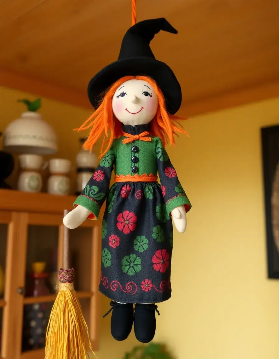 Handmade decorative kitchen witch doll with broom hanging from ceiling
