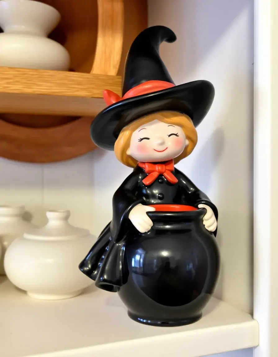 Cute ceramic kitchen witch figurine with cauldron on a shelf