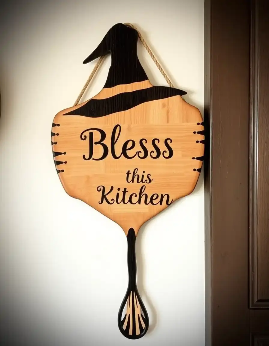 Rustic wooden kitchen witch sign engraved with Bless this Kitchen