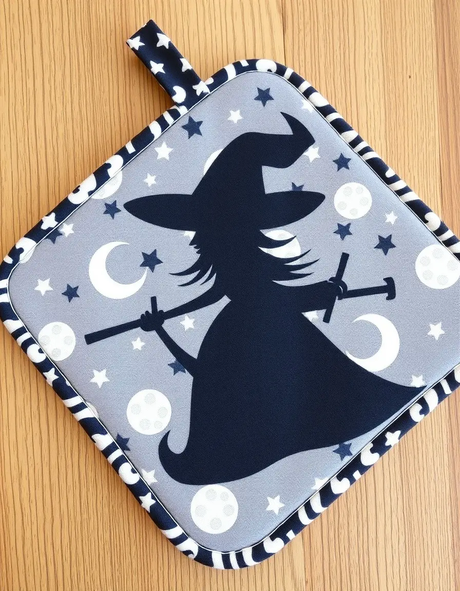 Quilted fabric kitchen witch potholder with moon and star patterns