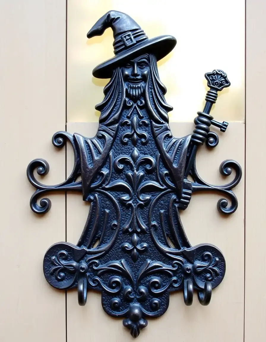 Ornate metal kitchen witch key holder with antique finish