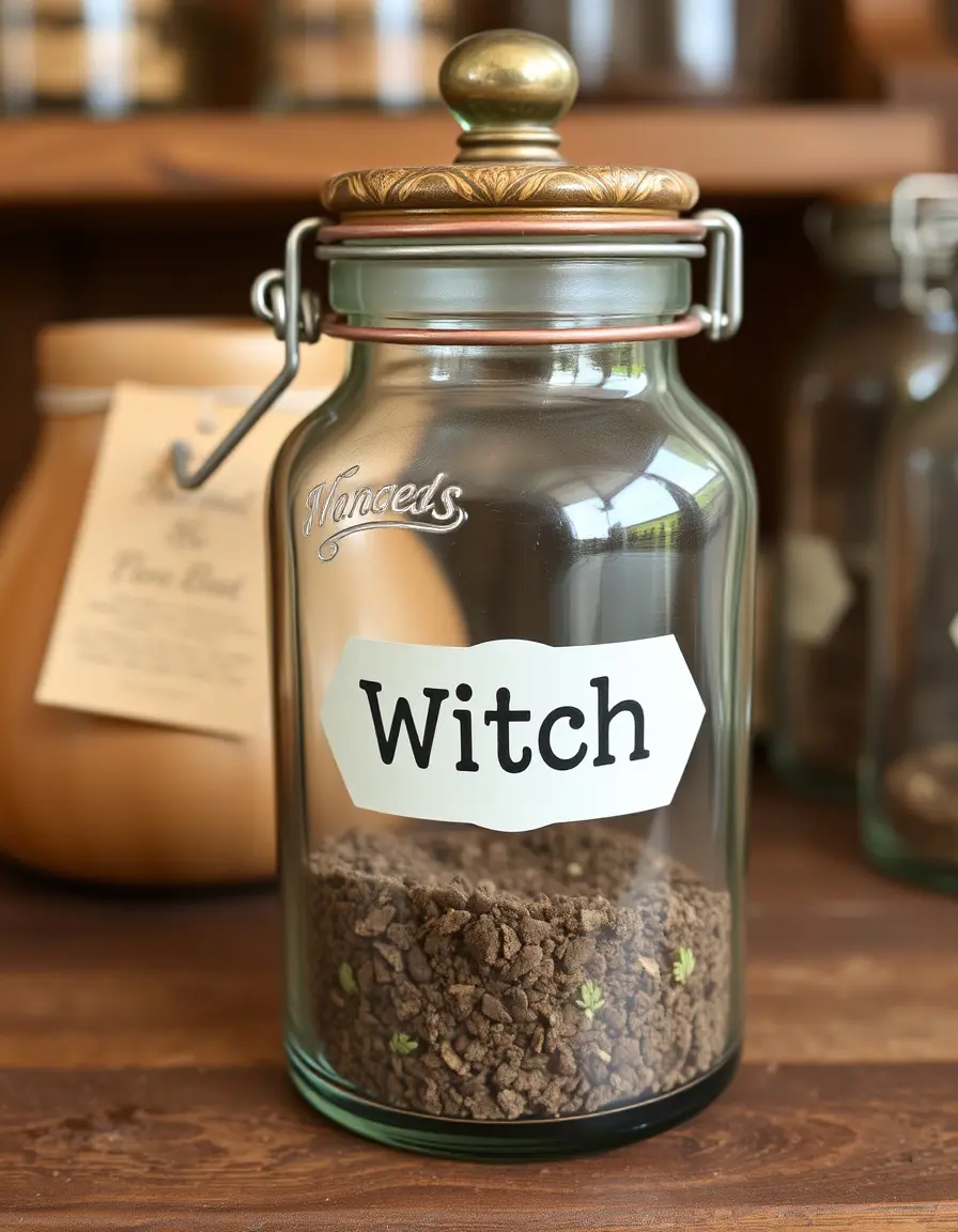 Vintage glass kitchen witch jar for spices and herbs