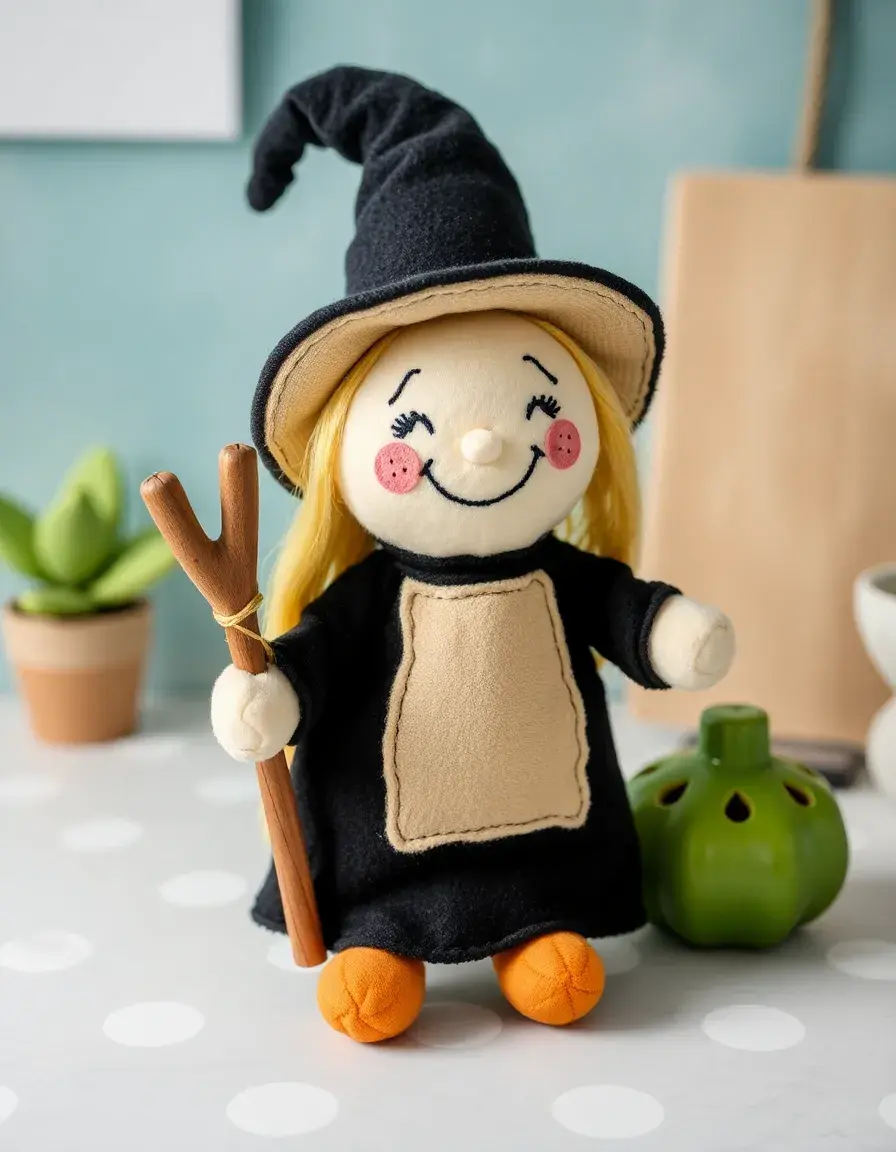 Soft plush kitchen witch toy with a smiling face