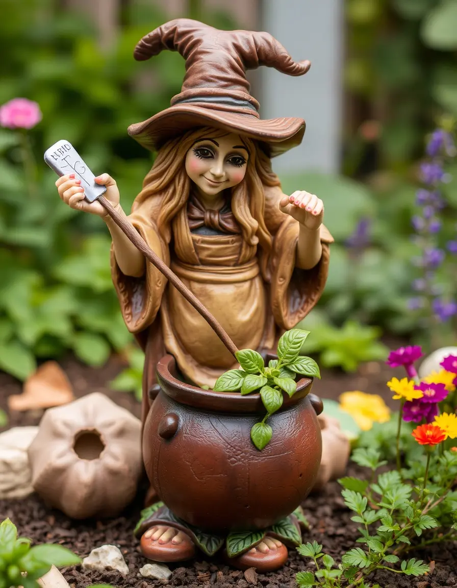 Detailed resin kitchen witch statue stirring a pot
