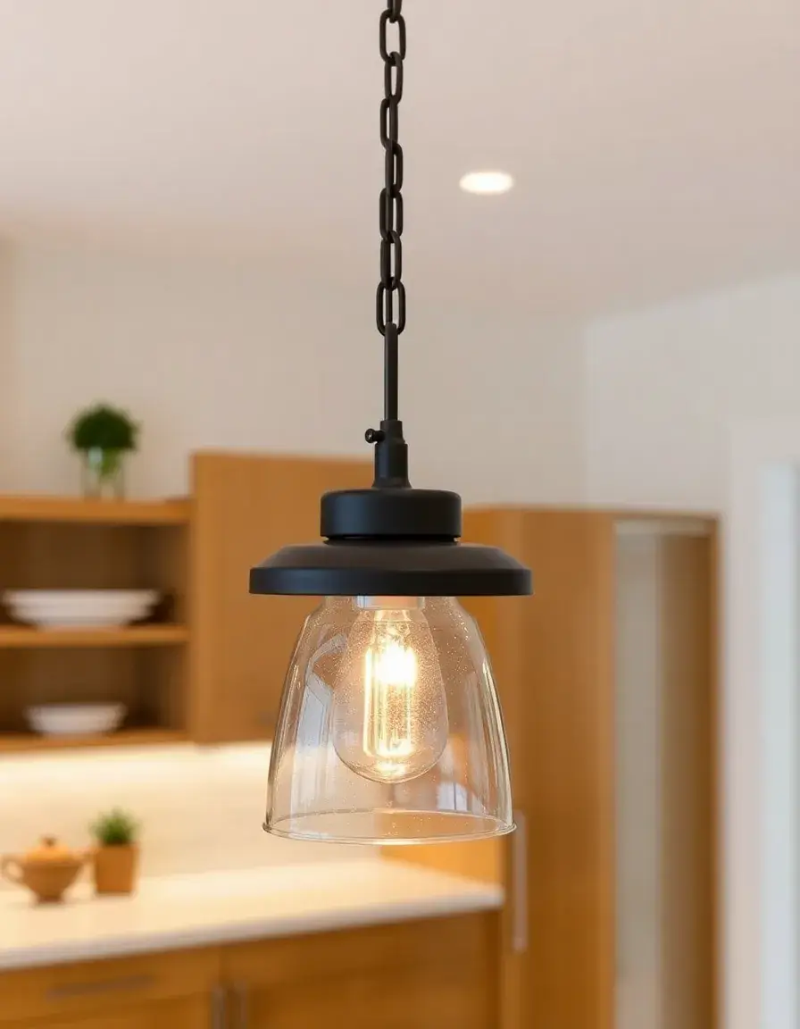 Modern adjustable pendant light fixture with glass shade over kitchen island