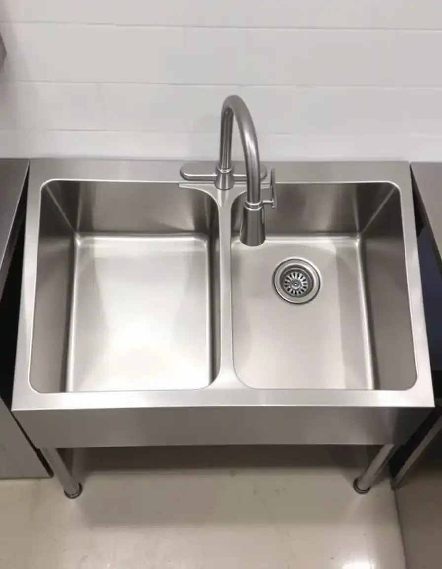 Heavy-duty commercial grade stainless steel kitchen sink with deep basins