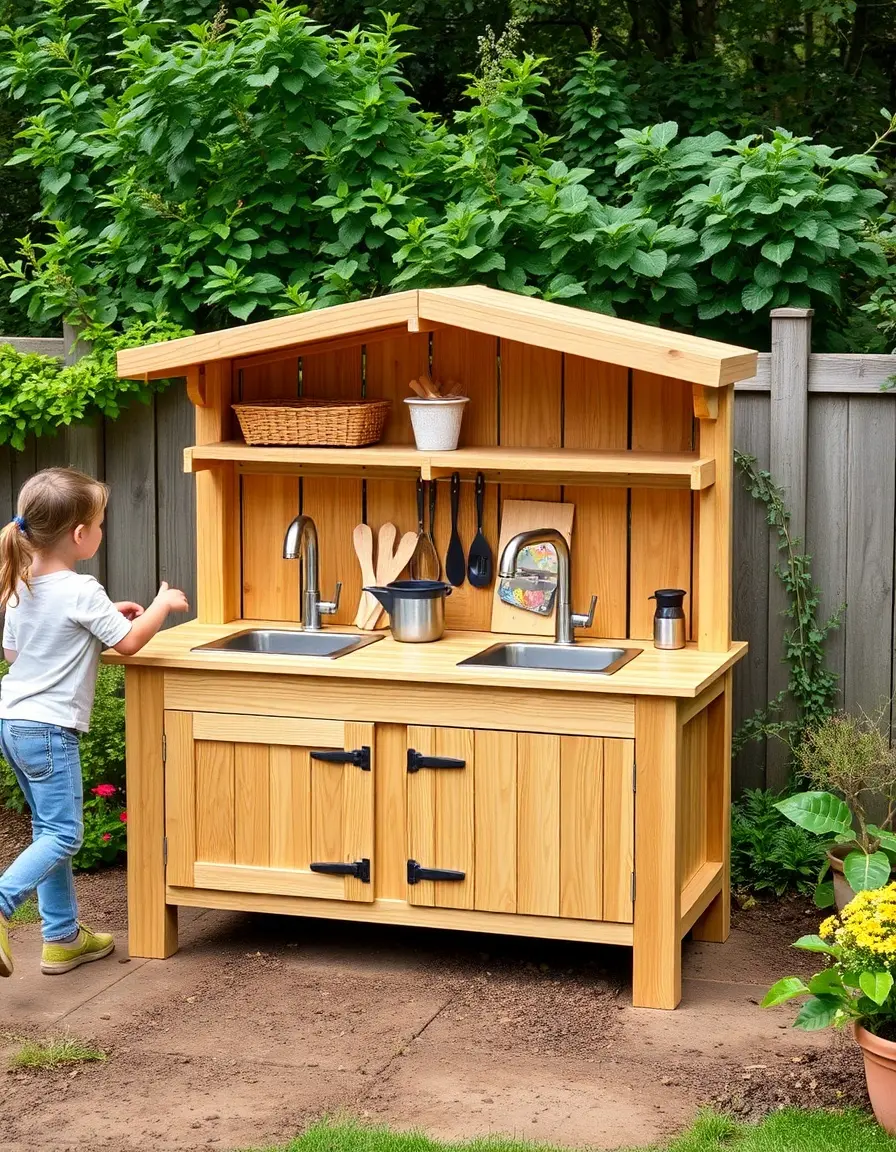 Wooden Mud Kitchen Playset in a garden
