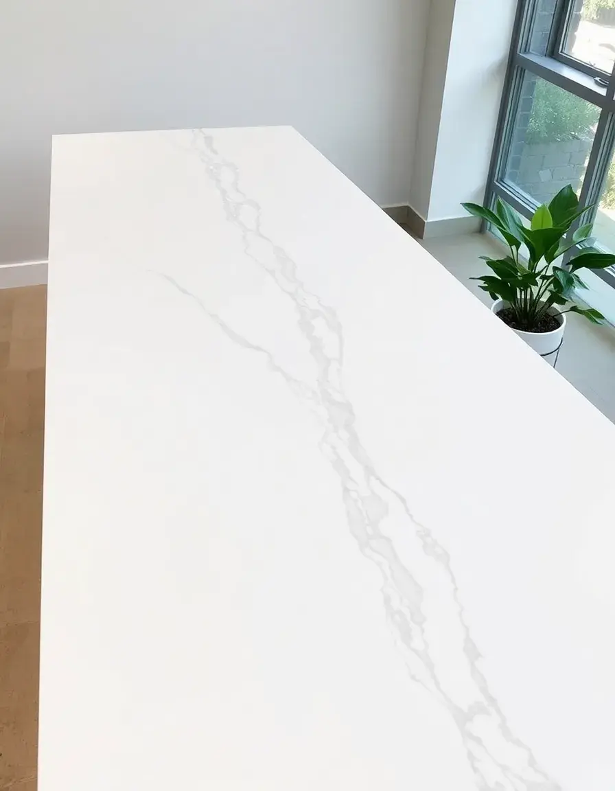 Sleek white quartz waterfall countertop slab