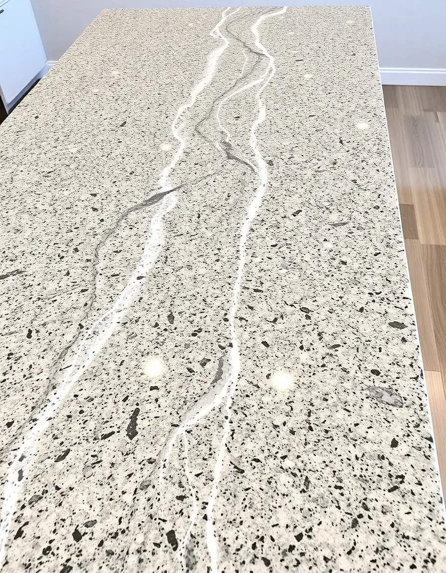 Natural granite waterfall countertop with gray veins