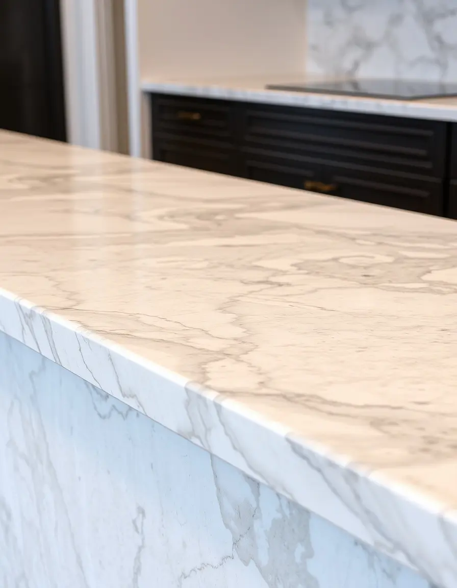 Luxurious marble waterfall countertop edge detail