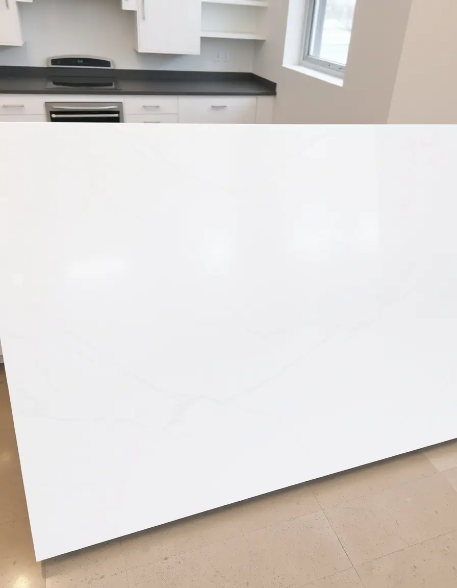 Engineered White Quartz Kitchen Countertop with subtle veining