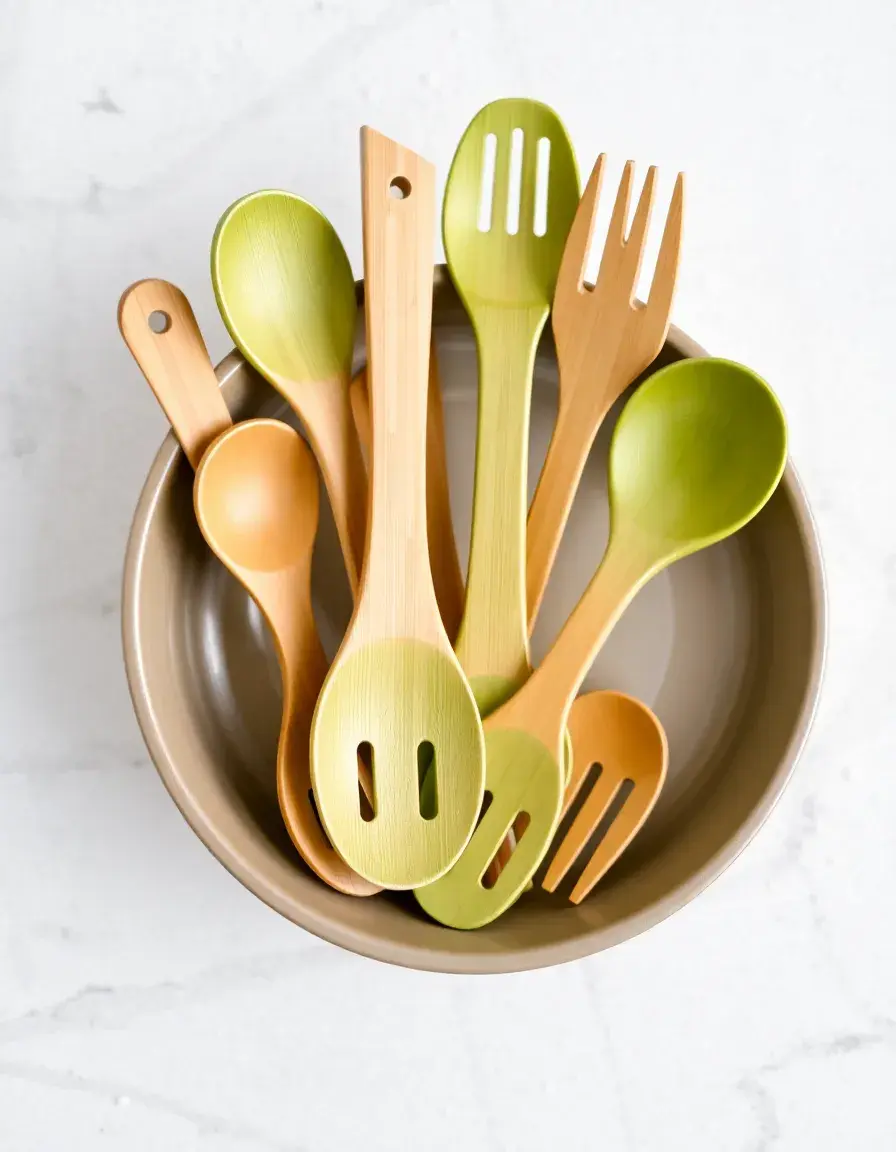 Green Bamboo Kitchen Utensil Set on a light counter