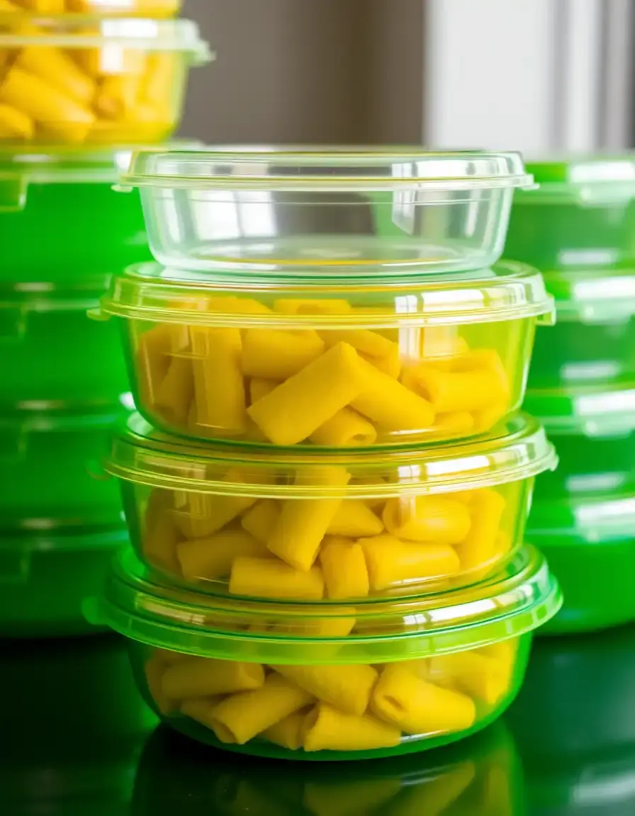 Stackable green plastic food containers with lids