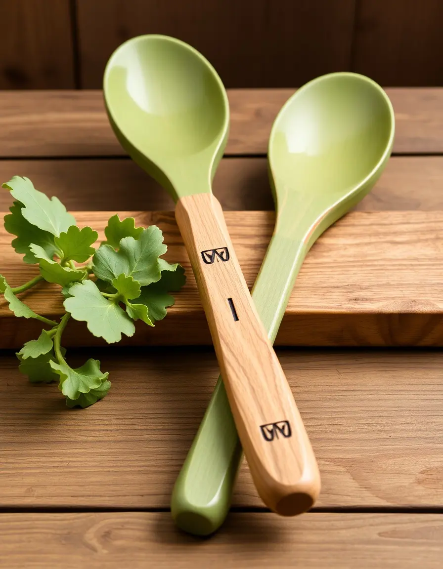 Pair of green wooden salad servers