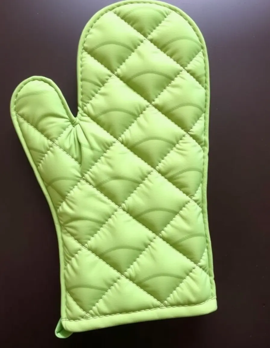 Padded green fabric oven mitt