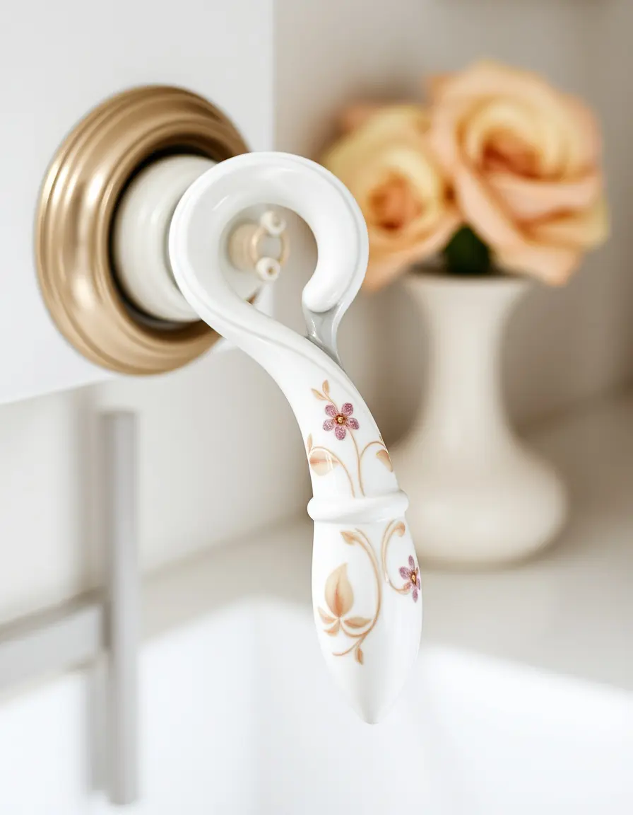 White porcelain kitchen handle with floral design