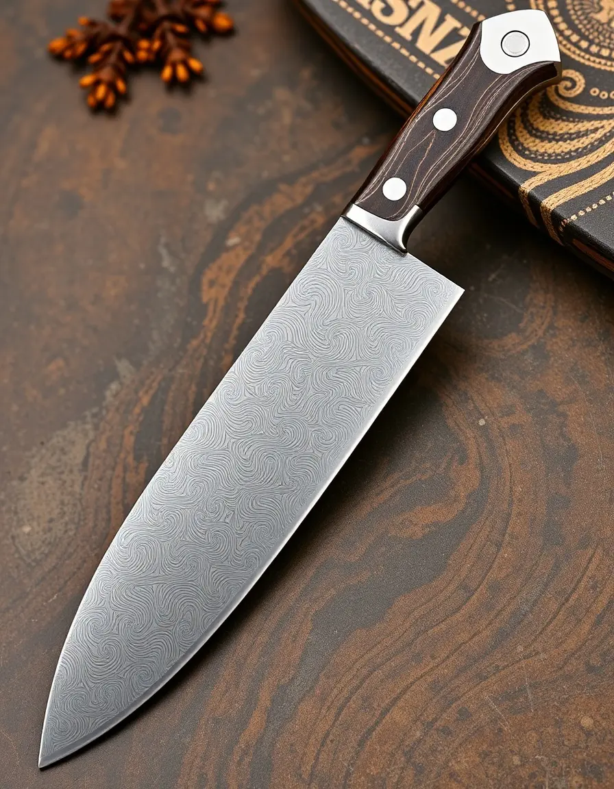 Damascus Steel Kitchen Knife with patterned blade