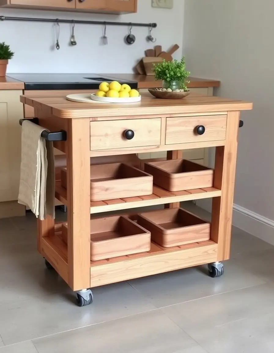 Rustic Wooden Kitchen Trolley Island with Drawers