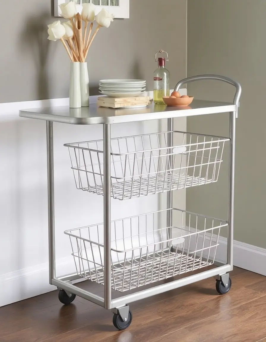 Industrial Metal Kitchen Trolley with Wire Baskets
