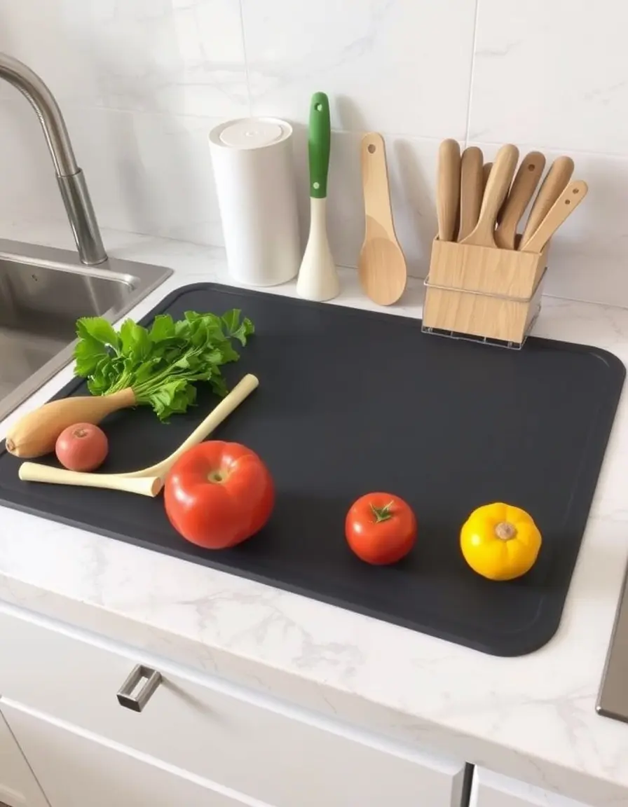 Silicone heat-resistant mat holding a spatula and tongs