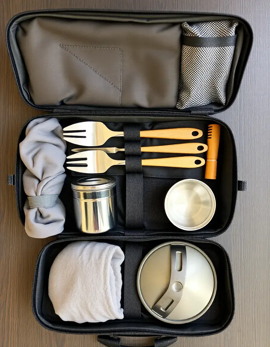Portable travel kitchen utensil kit in a zip-up case