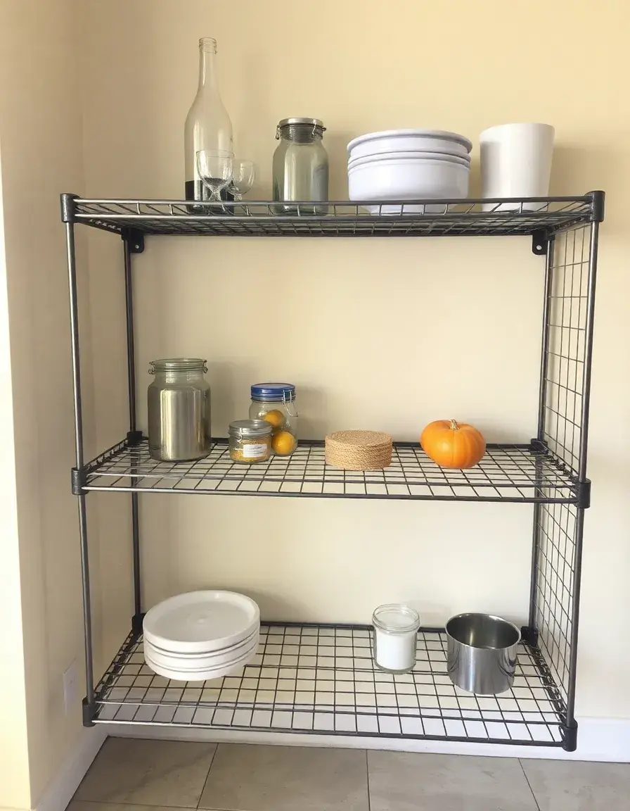 Metal industrial kitchen shelf rack on brick wall