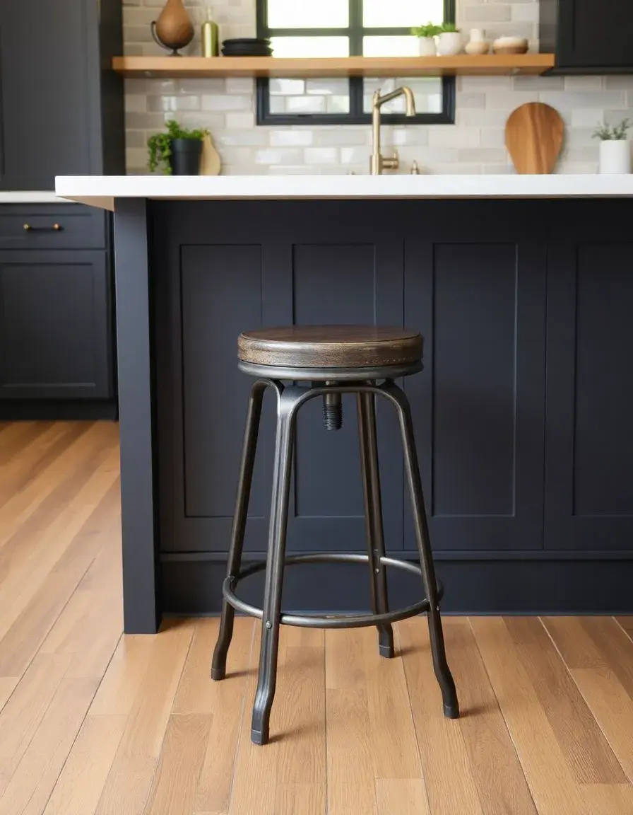 Metal loft style bar stool near a wooden island